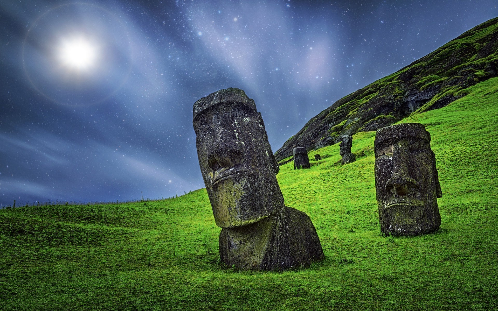 Enigma Nature Landscape Moai Sculpture Starry Night