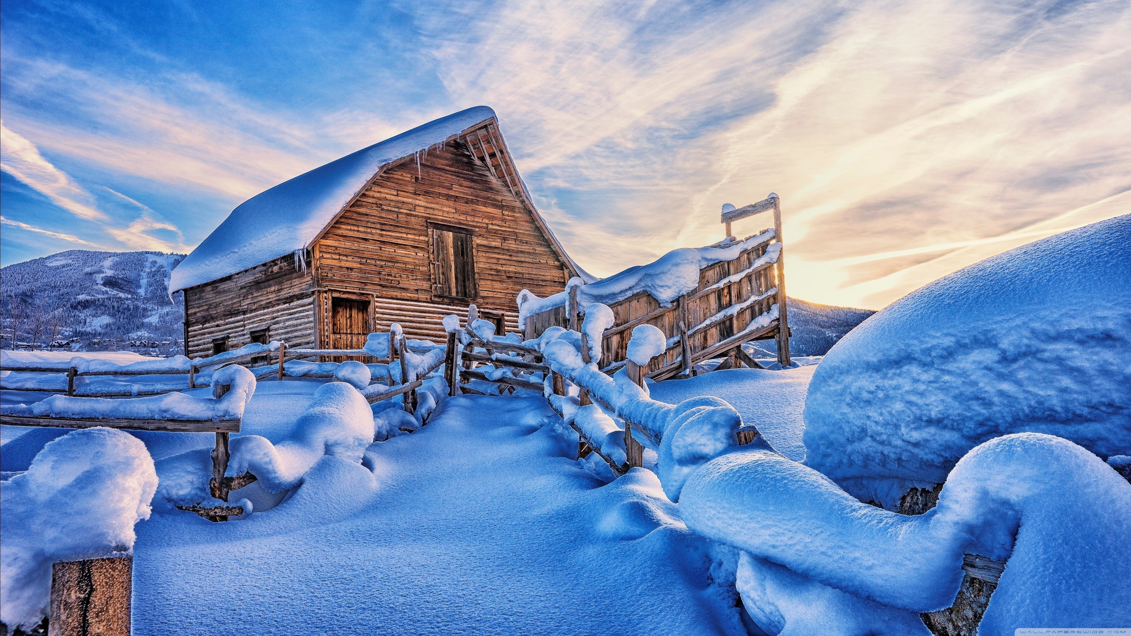 Snowy Cabin Mountains Winter Ultra HD Desktop Background