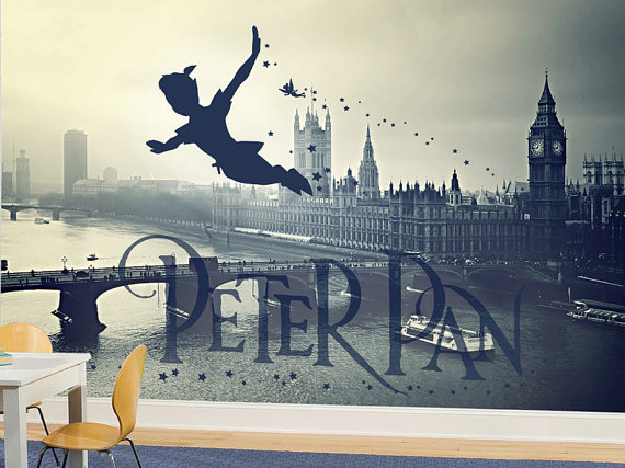 Peter Pan Wall Mural in Black and White Neverland Wallpaper Wall