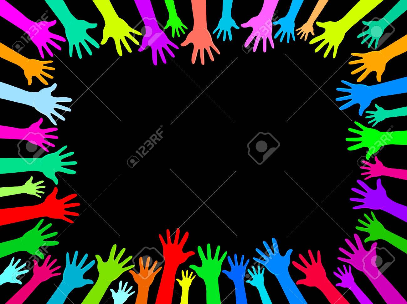 Colors Hands Up Background Concept Of Cooperation And Reach