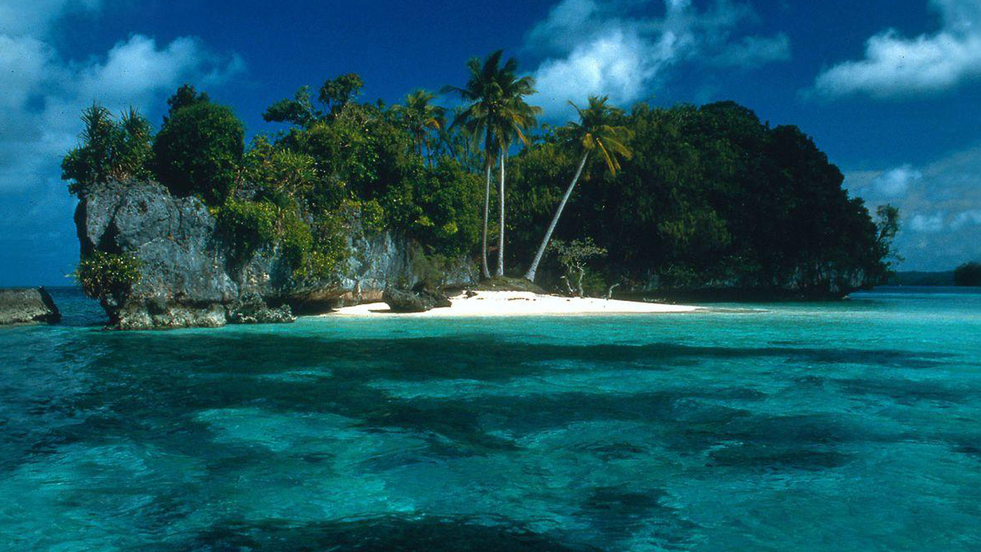 A picturesque tropical island with white sand beaches, lush green vegetation, and crystal-clear turquoise waters