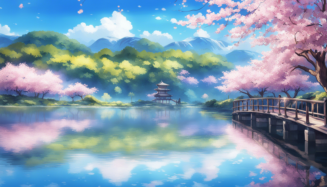 A Breathtaking Anime Scenery Wallpaper Featuring Serene Lake Surrounded By Vibrant Cherry Blossom Trees In Full Bloom The Clear Blue Skies Reflect On Calm Waters Enhancing Tranquility Of Scene And Evoking Sense Peace Harmony Be Sure To Capture Beauty Ethereal Atmosphere This Enchanting Landscape Stunning Detail