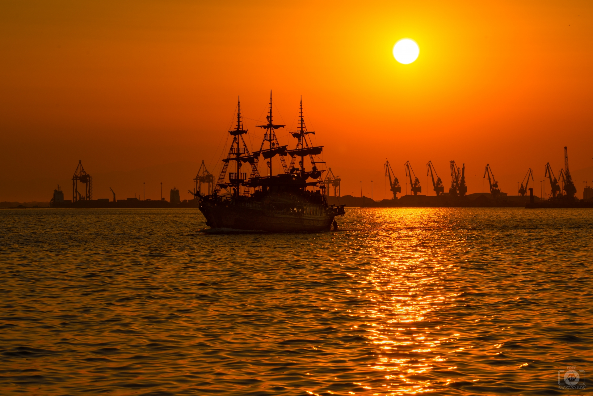 Sea Sunset And Pirate Ship Background High Quality Background