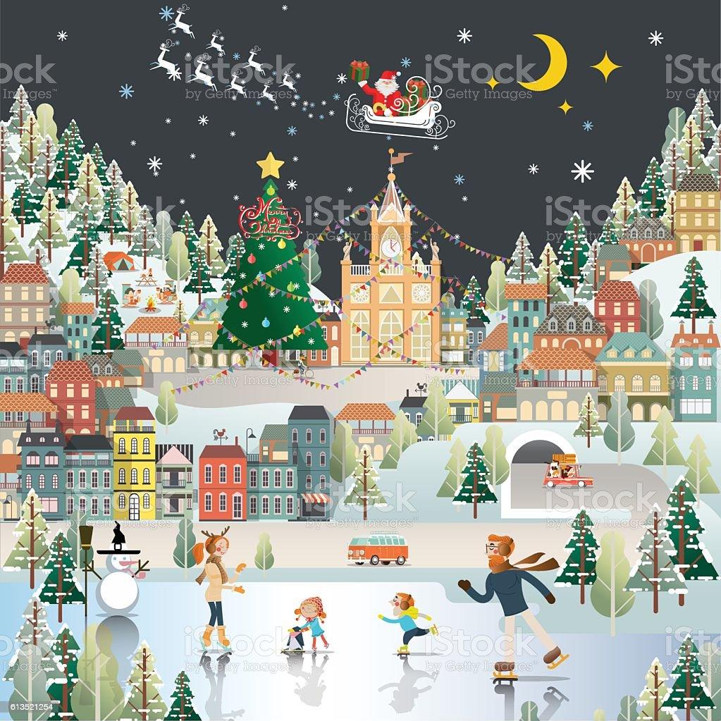 Snow Village Landscape Night Scene Wallpaper Santa Claus Is