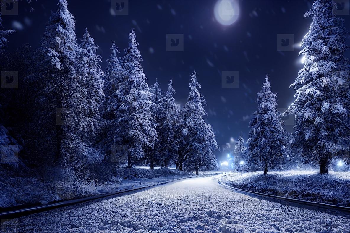 Landscape Of Snow Storm Winter Background At Night Digital Art