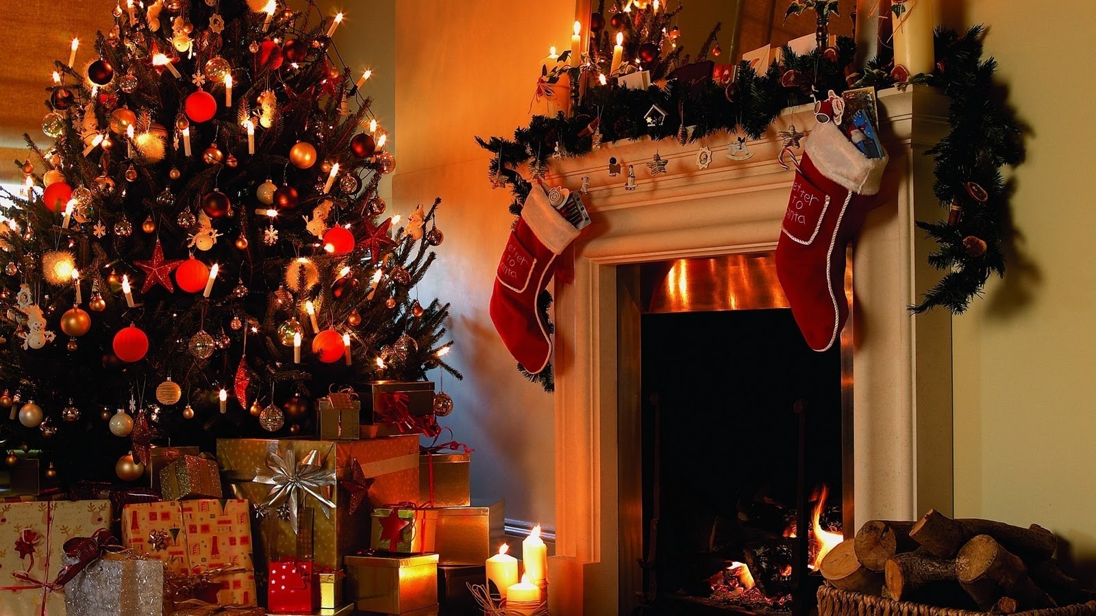 Christmas Tree And Fireplace Wallpaper Nature