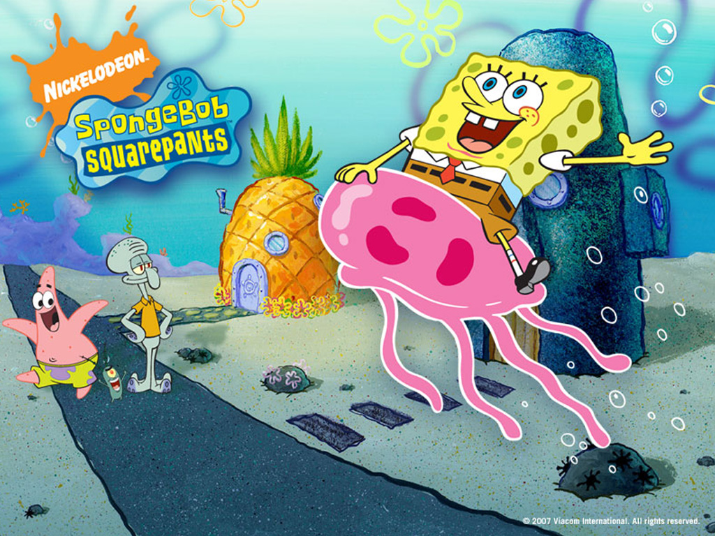 Spongebob Squarepants riding a pink jellyfish with Patrick Star and Squidward Tentacles in the background