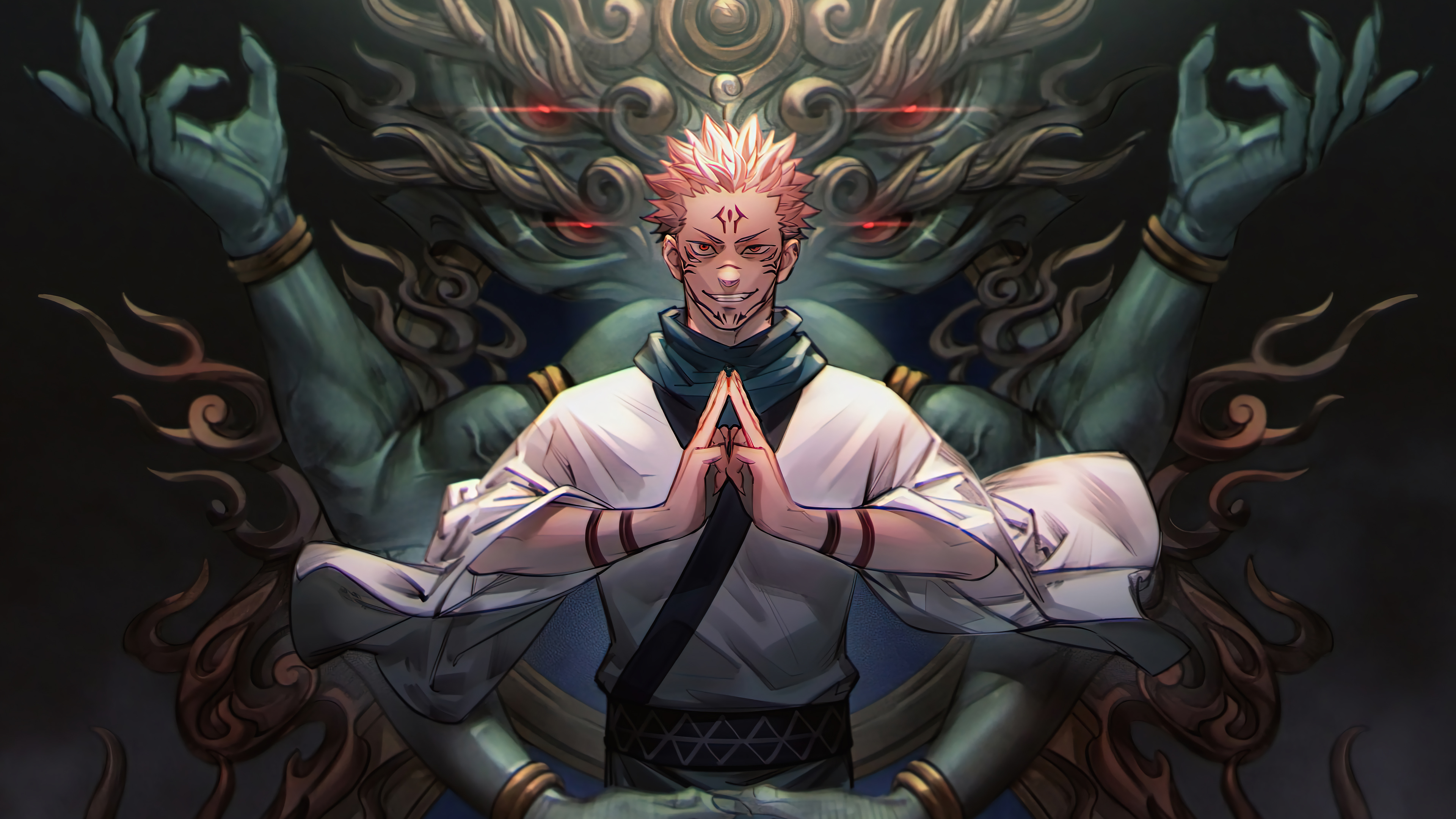 A 4K anime wallpaper featuring a character with spiky pink hair and red markings on his face, performing a hand gesture against a backdrop of a multi-armed deity