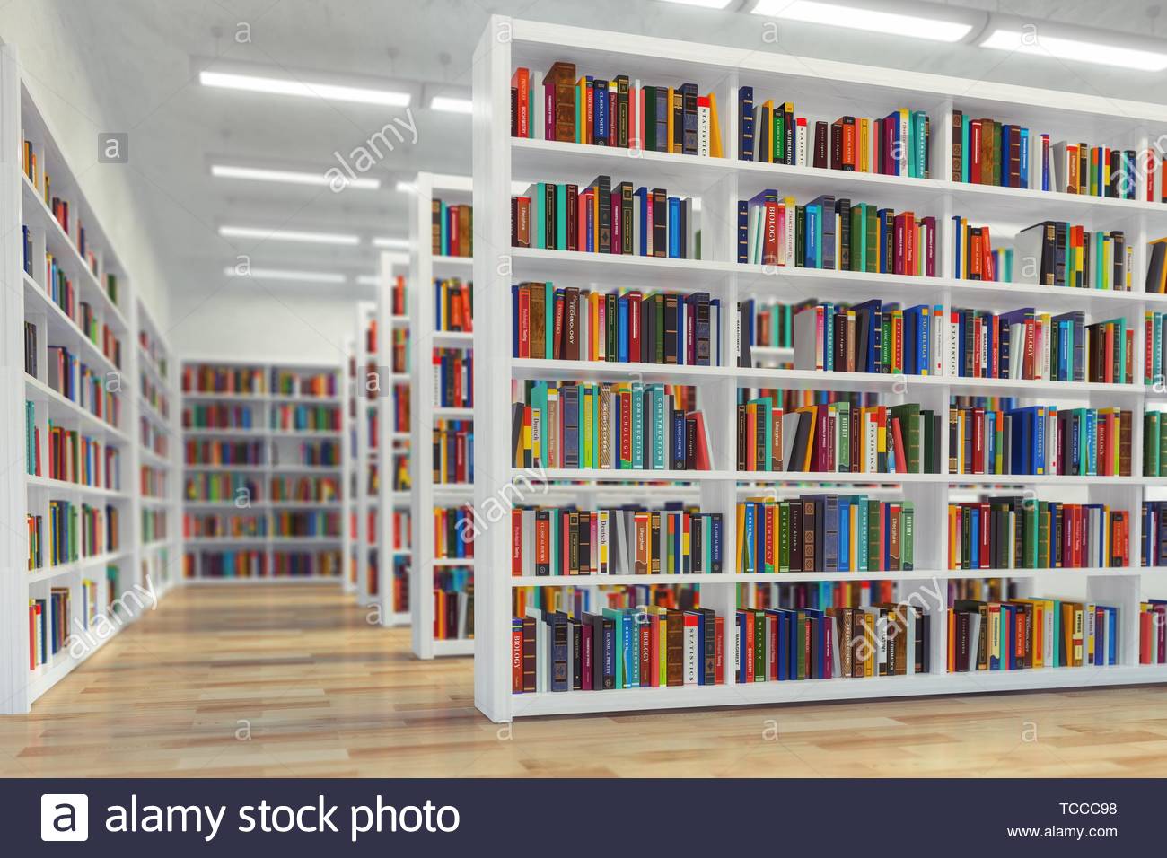 Library Background From White Bookshelves With Books And
