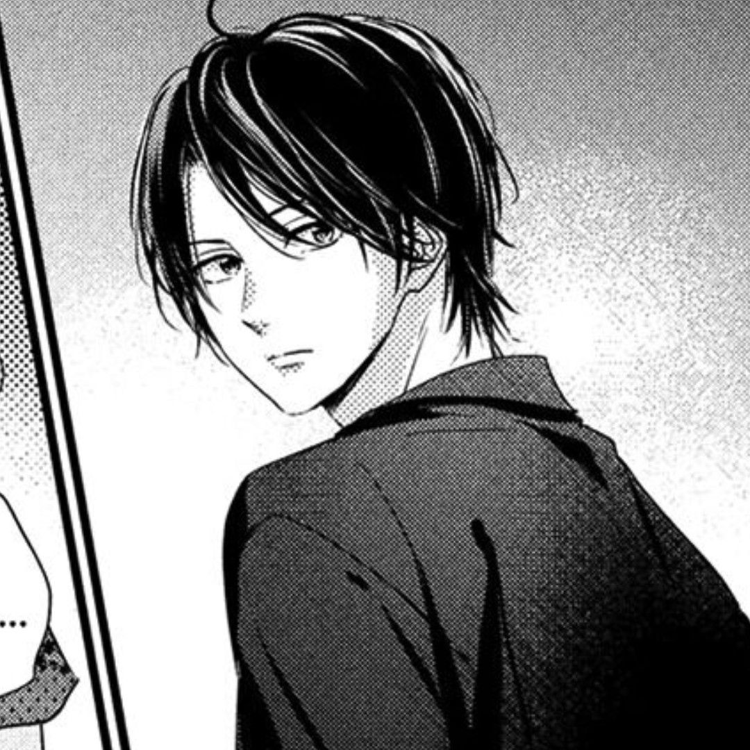 A monochrome illustration of a young man with dark hair, styled in a parted fringe. He's wearing a dark jacket and looking over his shoulder, possibly at another character off-screen