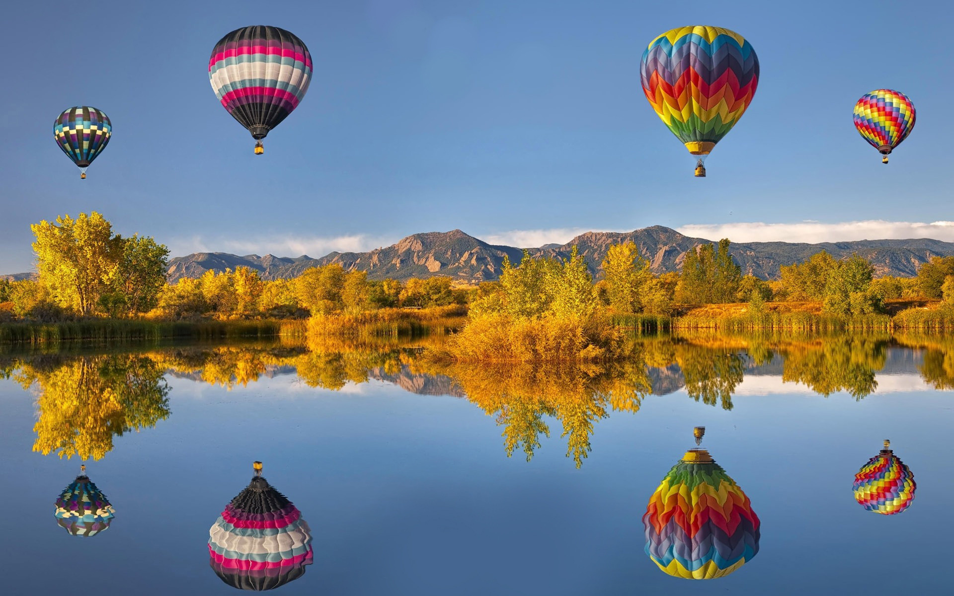 Wallpaper Hot Air Balloon Reflection Lake Mountains Autumn Desktop