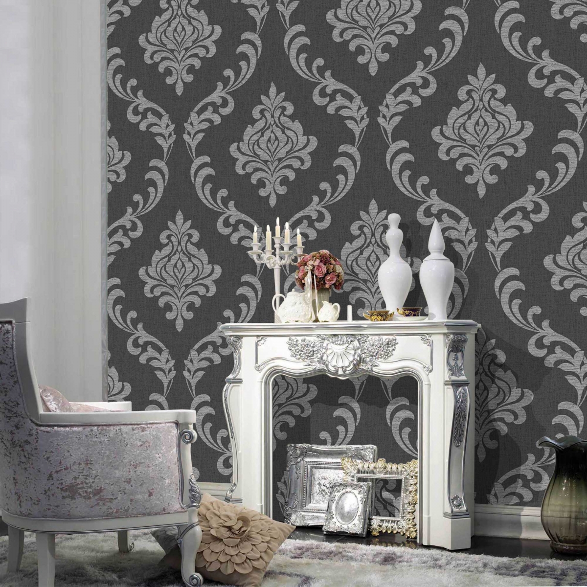  Shop By Brand Fine Decor Torino Black and Grey Damask Wallpaper