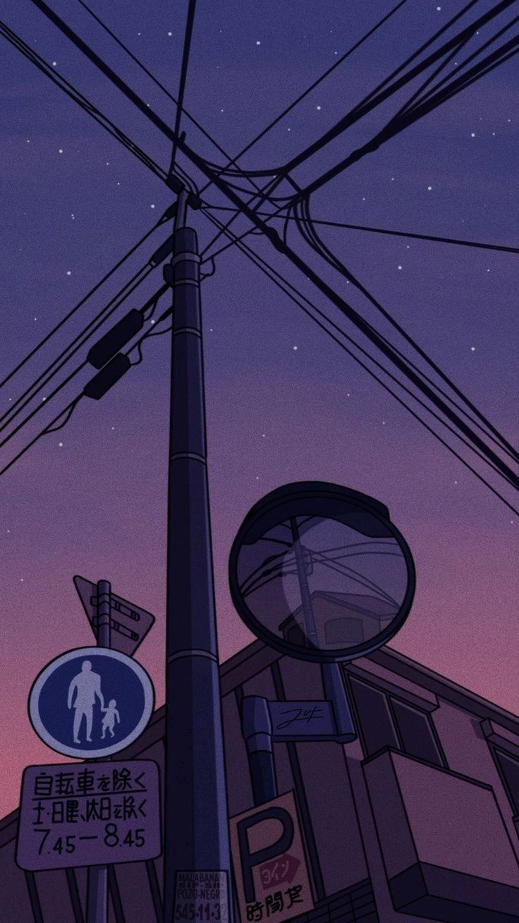 Night Street Sign And Power Lines Wallpaper