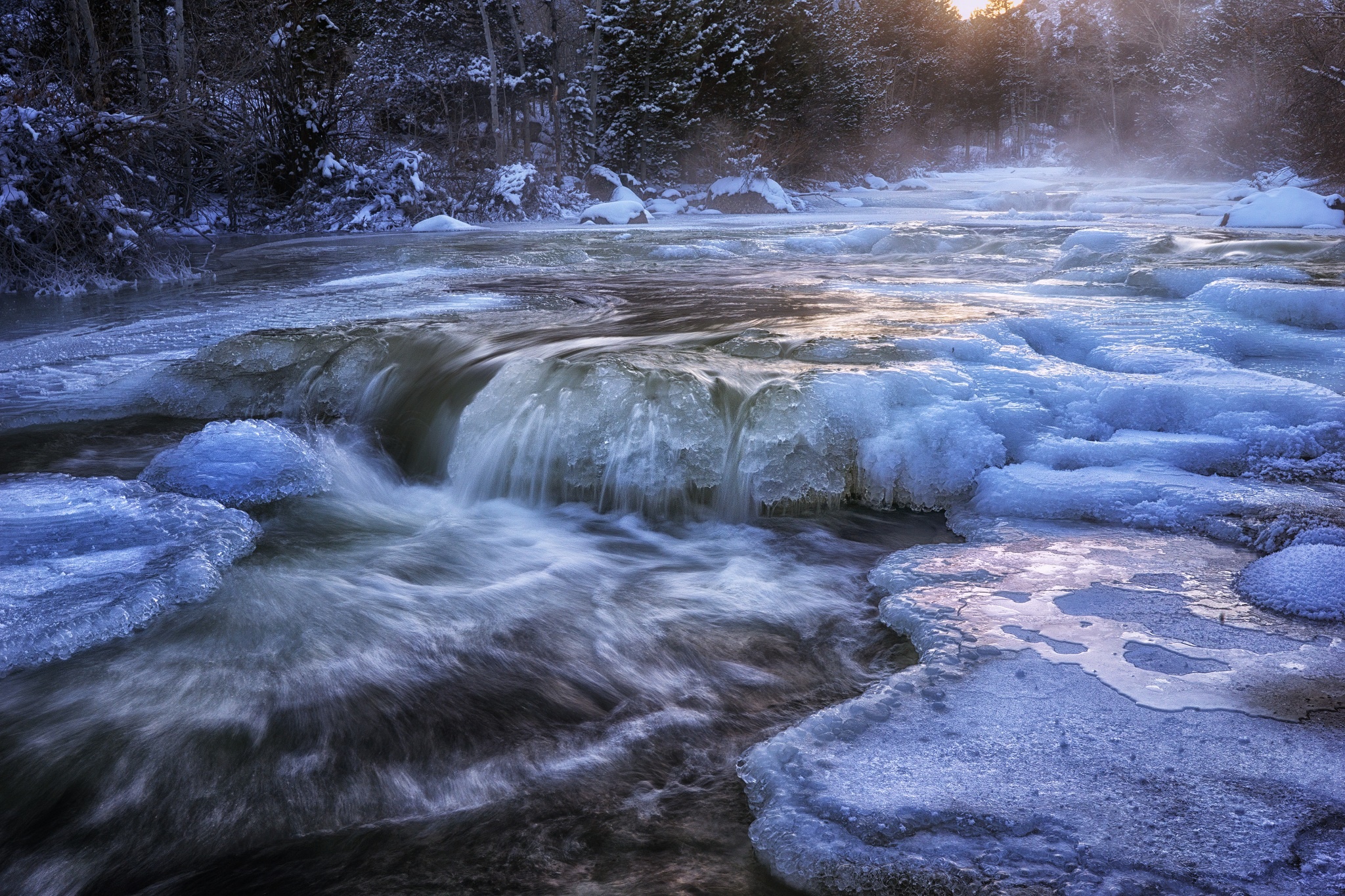 Snow Ice River Stream Water Cold Forest Wallpaper Background