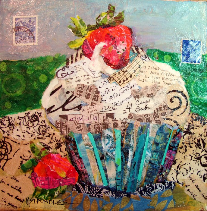 Mixed Media Artists International Cupcake Torn Paper Collage Painting