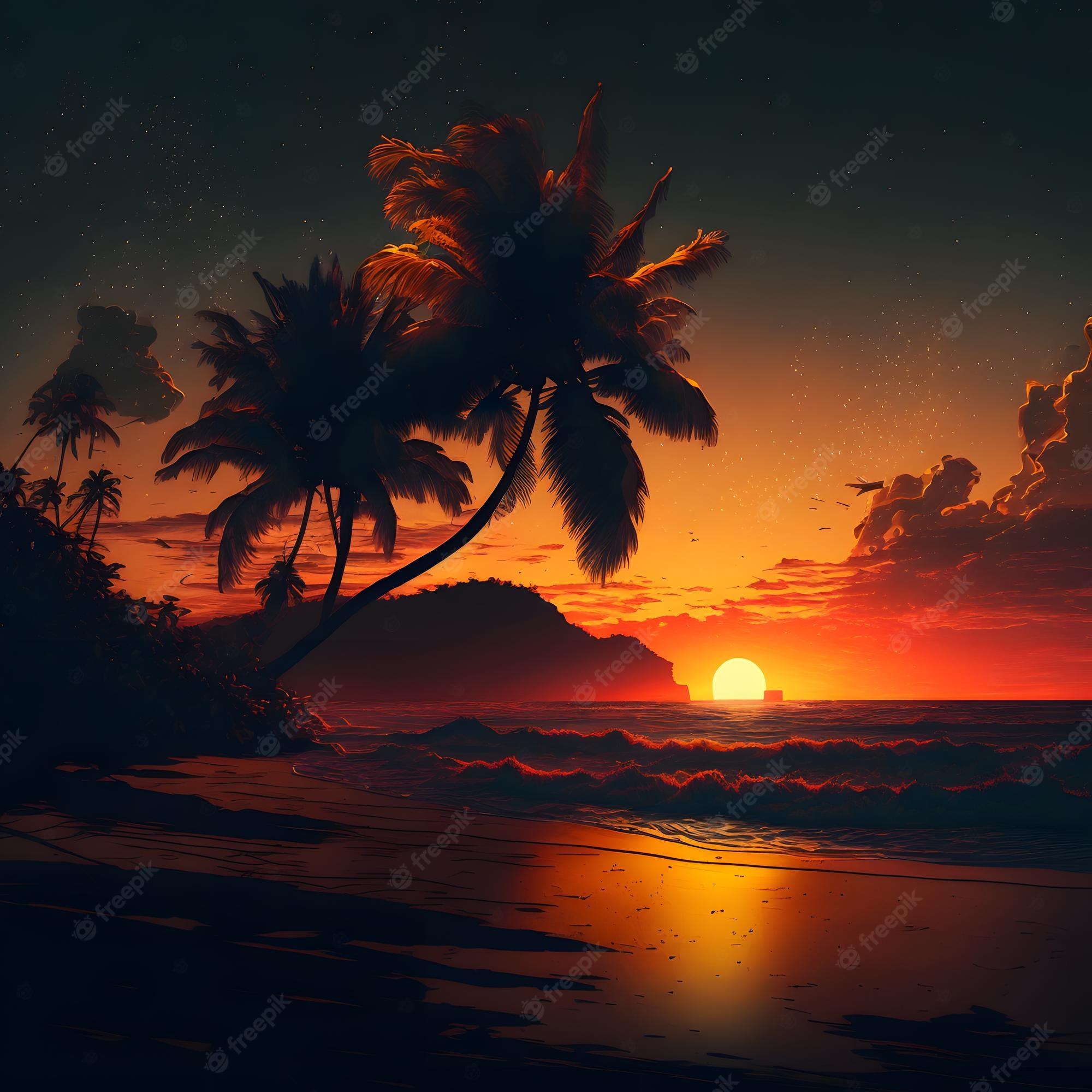 Premium Photo A sunset on the beach with palm trees and a
