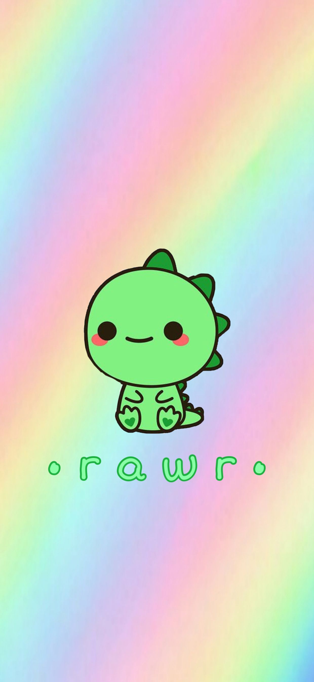 A cute, cartoon dinosaur sits on a pastel rainbow background. The dinosaur is light green with darker green spikes, pink cheeks, and heart-shaped footprints. The word 'rawr' is written below the dinosaur