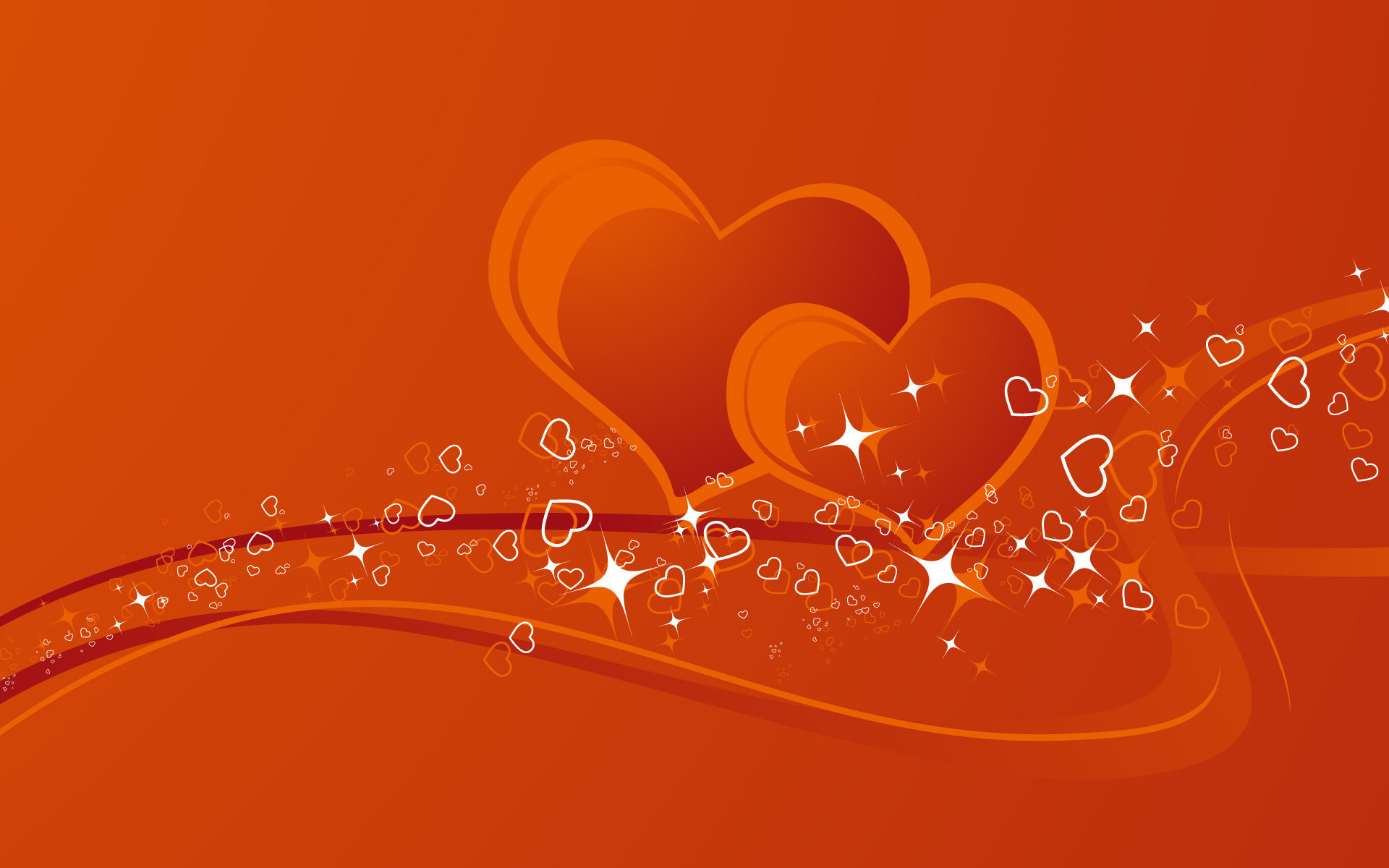 Two large, overlapping orange hearts on an orange background with smaller white hearts and sparkles scattered around them, symbolizing love and romance