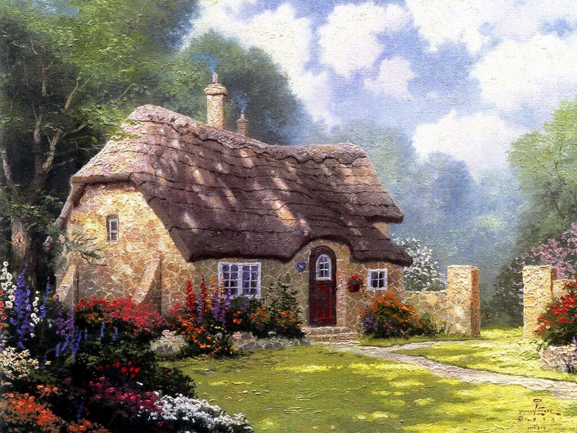Cottage In The Forest Thomas Kinkade Painting Summer