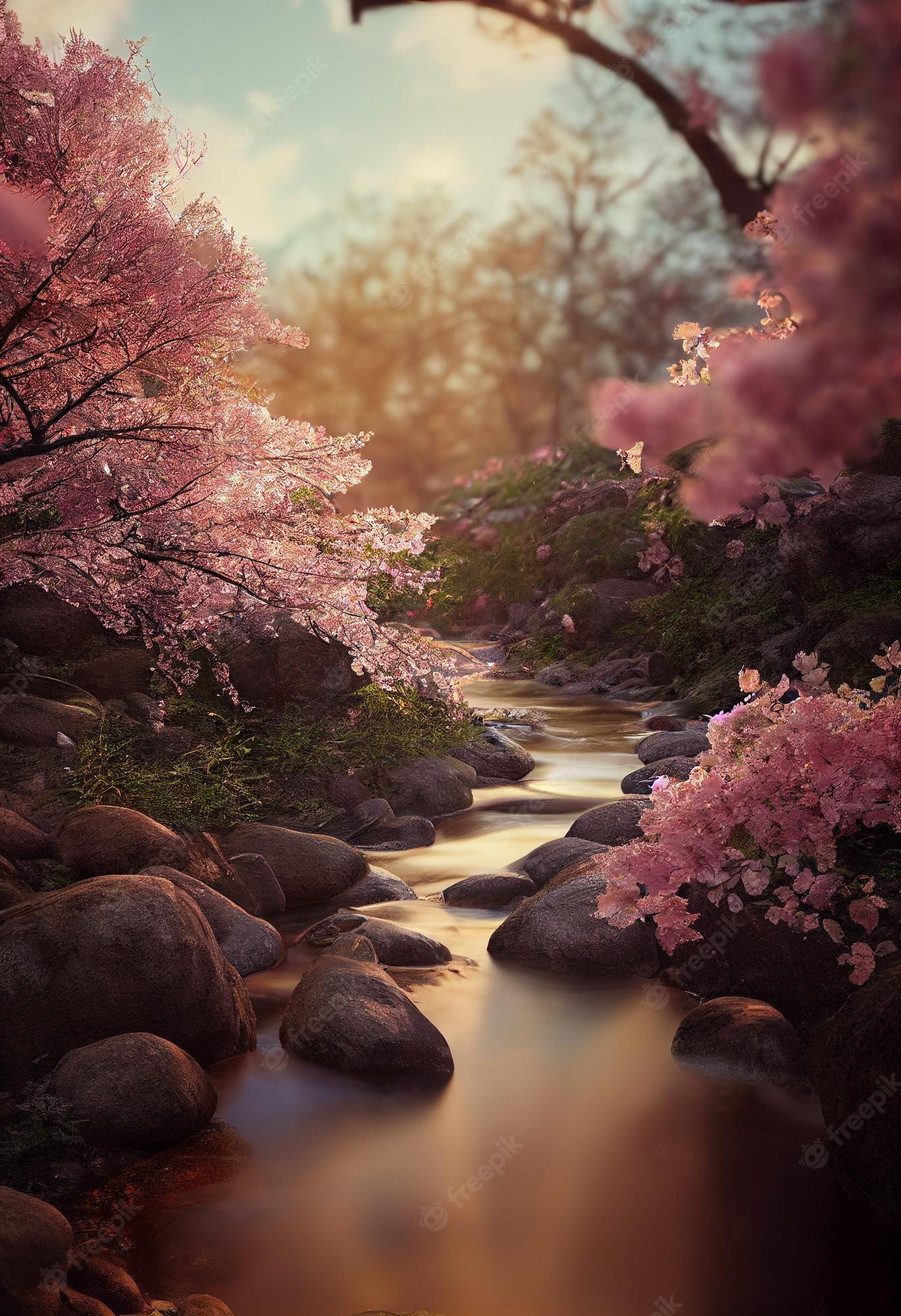 Premium Photo Small Stream Of Water On A Beautiful Sakura Forest