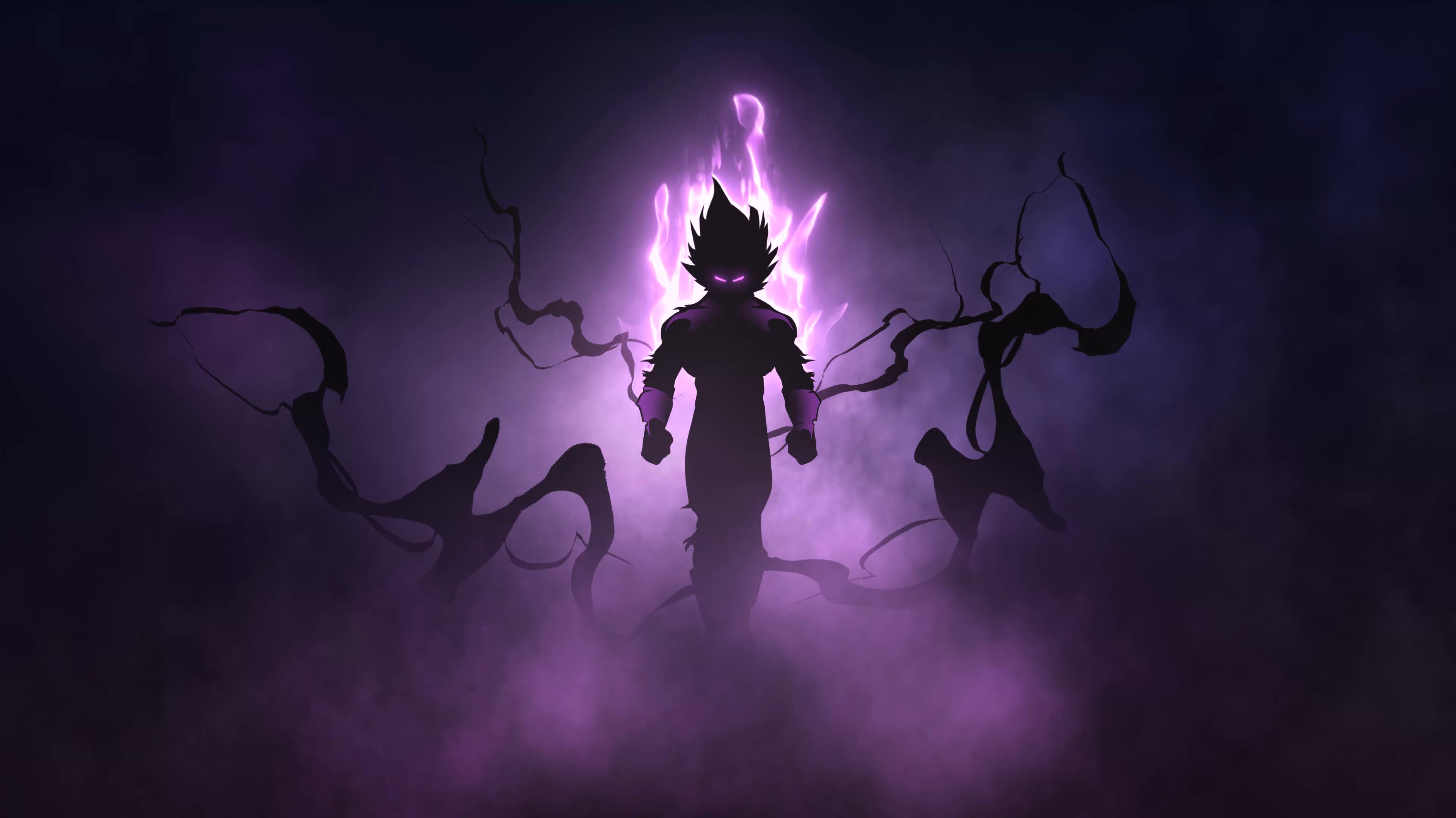 A dark, silhouetted figure with glowing purple eyes and hair stands amidst purple energy and smoky tendrils, reminiscent of a powerful anime character
