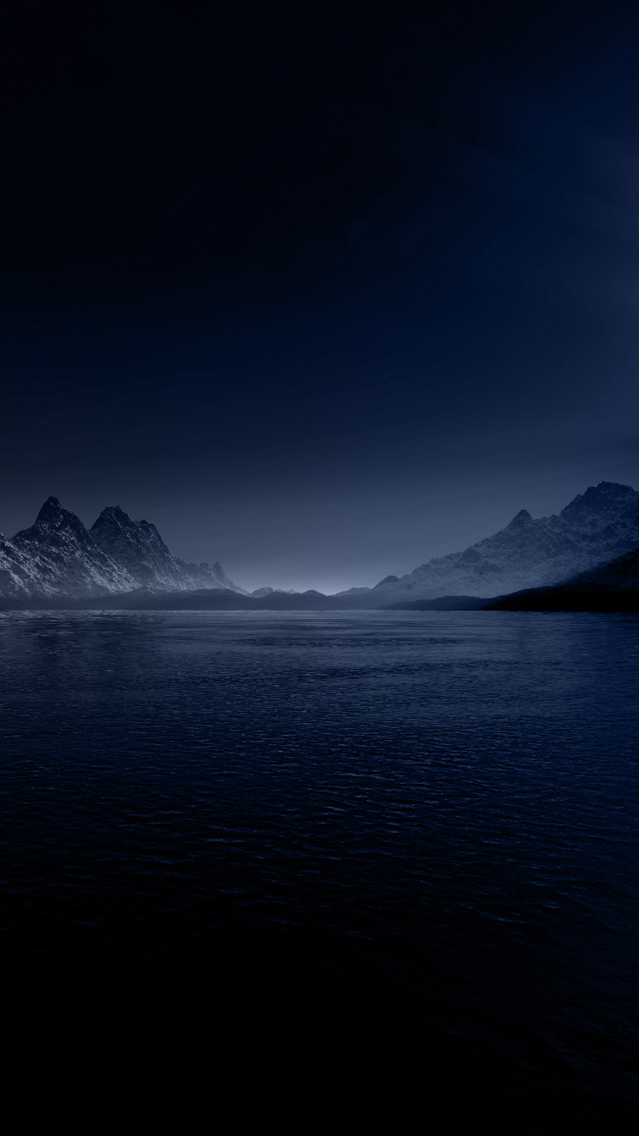 Dark and moody phone wallpaper featuring a serene lake surrounded by snow-capped mountains at night