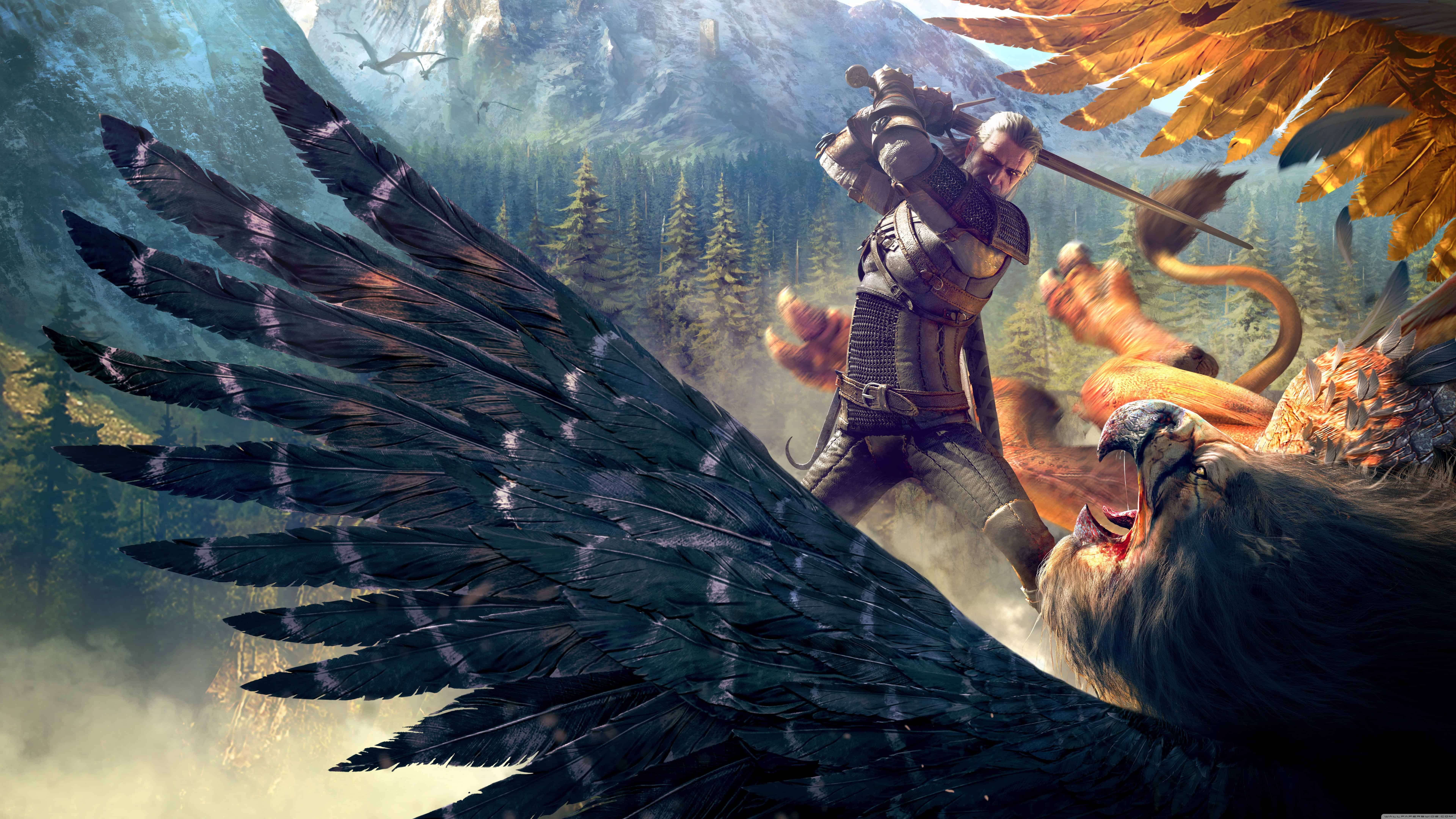 The Witcher Wild Hunt Geralt And A Griffin UHD 8k Wallpaper