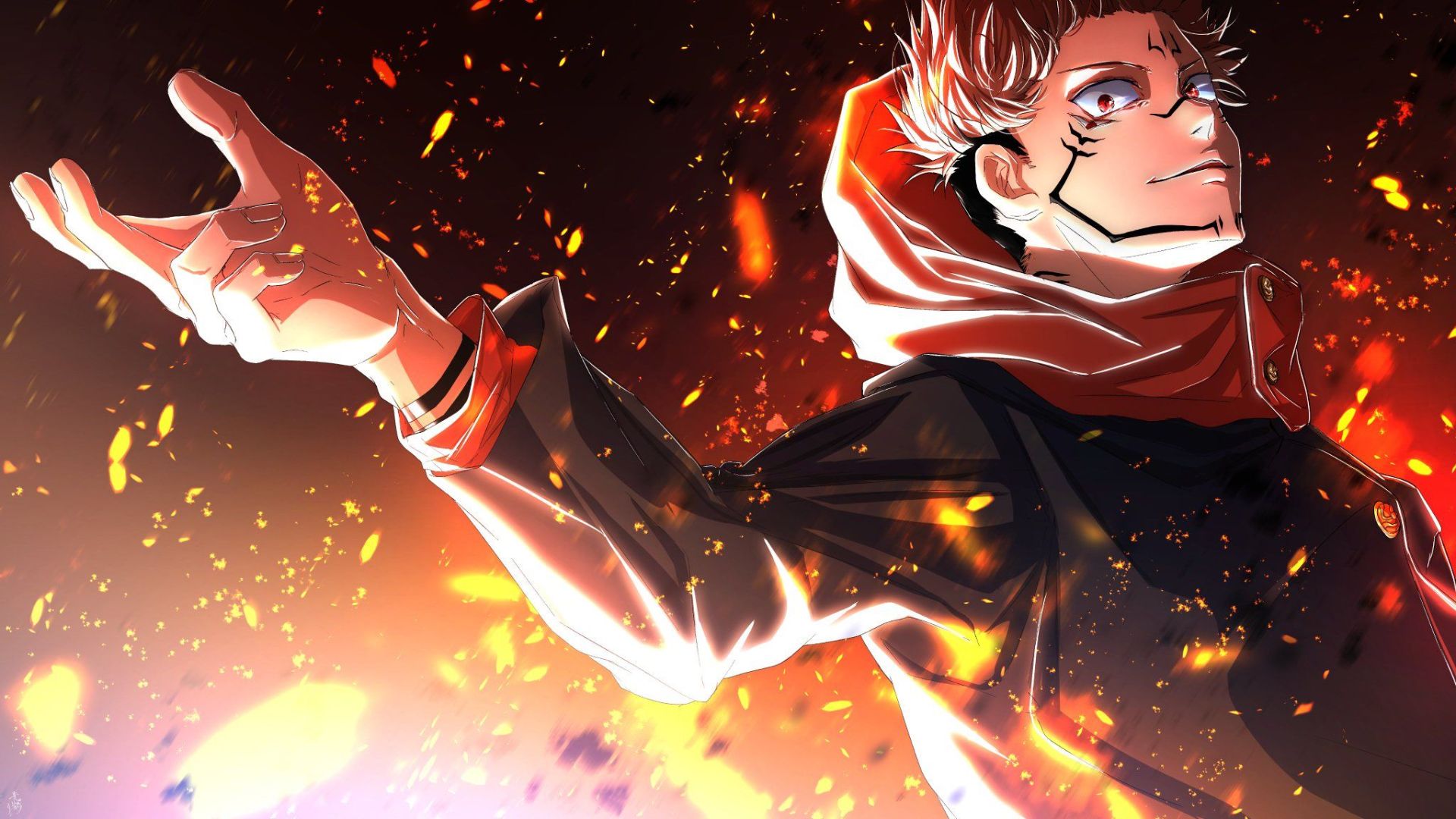 A cool anime wallpaper featuring a character with glowing eyes and tribal tattoos against a backdrop of fiery sparks