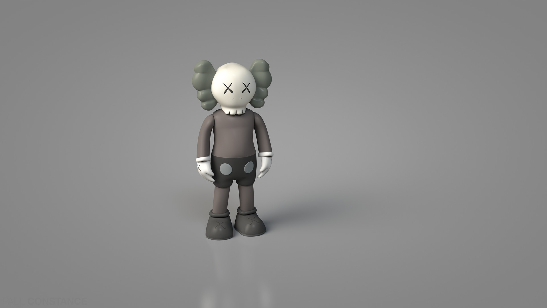 A 3D render of a Kaws Companion figure against a plain gray background