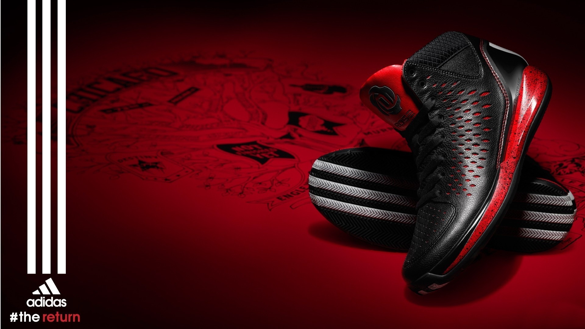 Adidas D Rose basketball shoes on a red background with a Chicago map