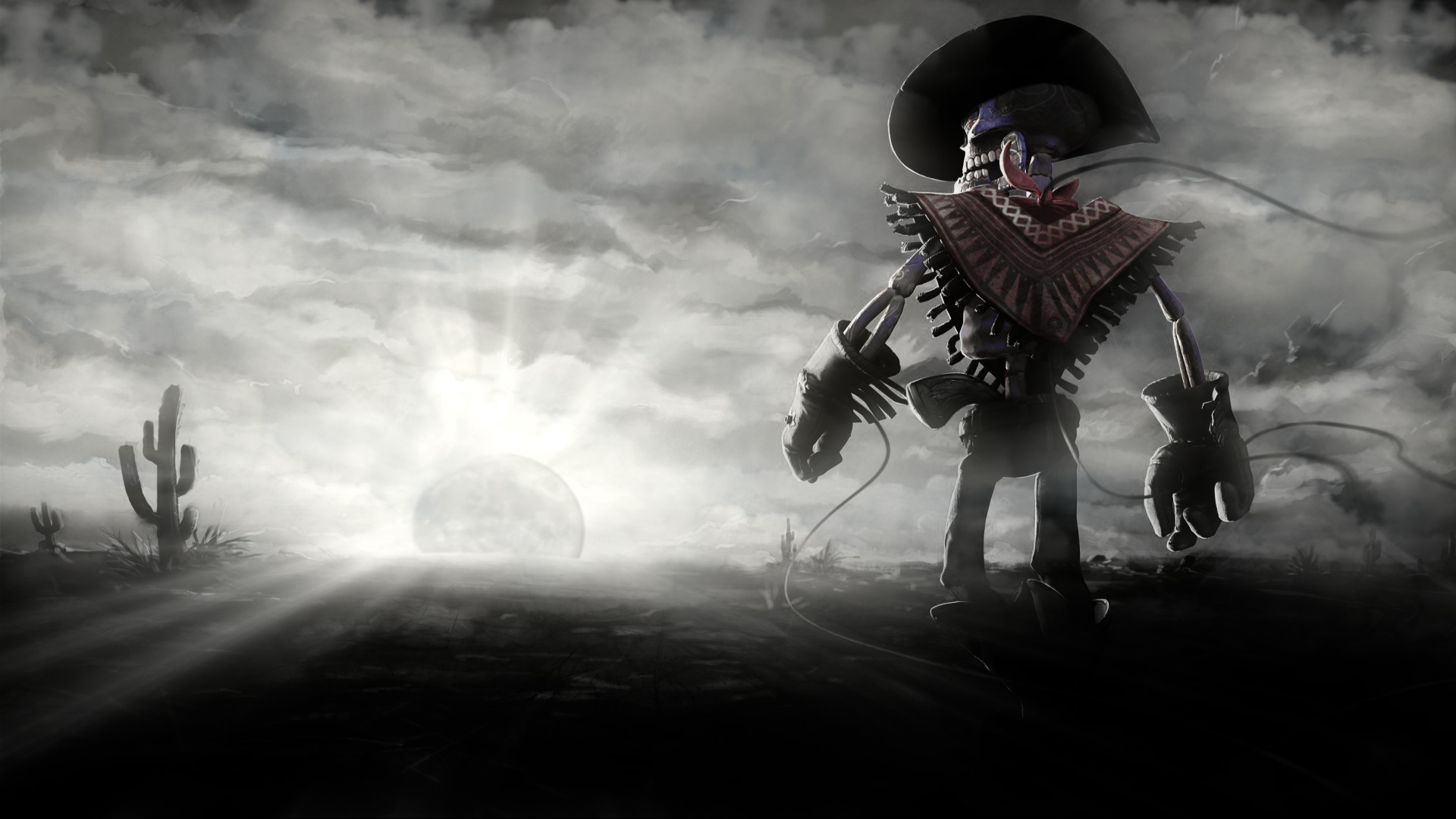 Cowboy Skeleton Sunset Sun Cactus Dark Skull Wallpaper