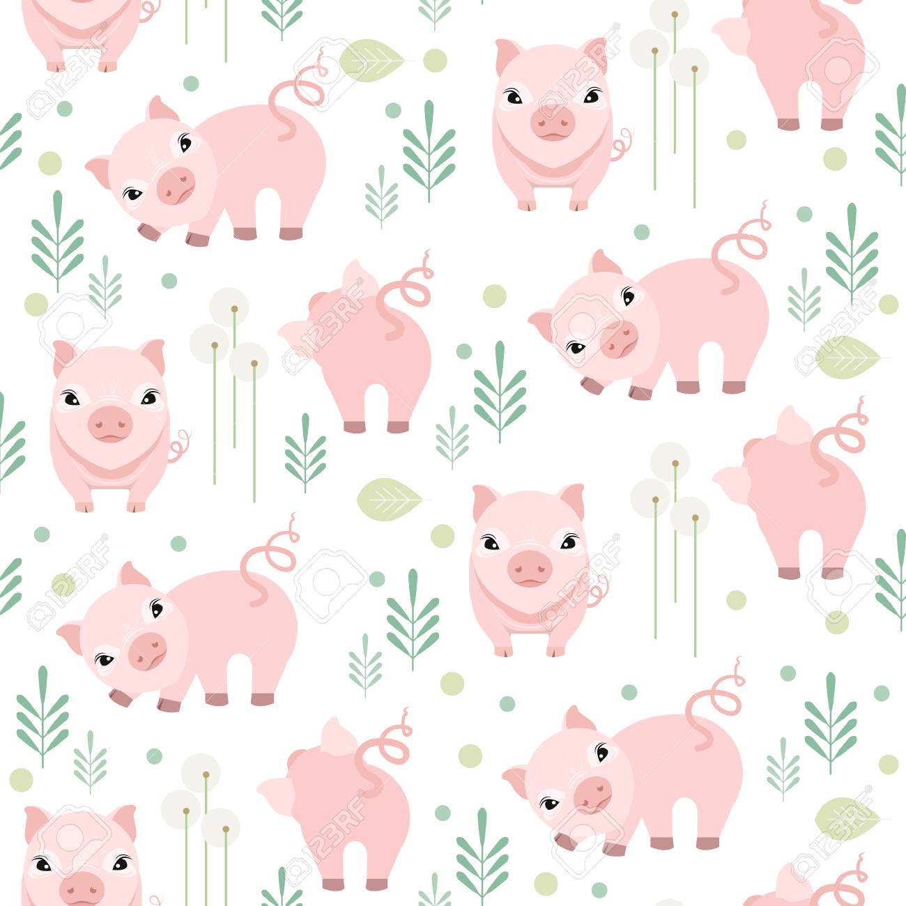 Cute Pig Seamless Pattern On White Background Happy Piggy Vector