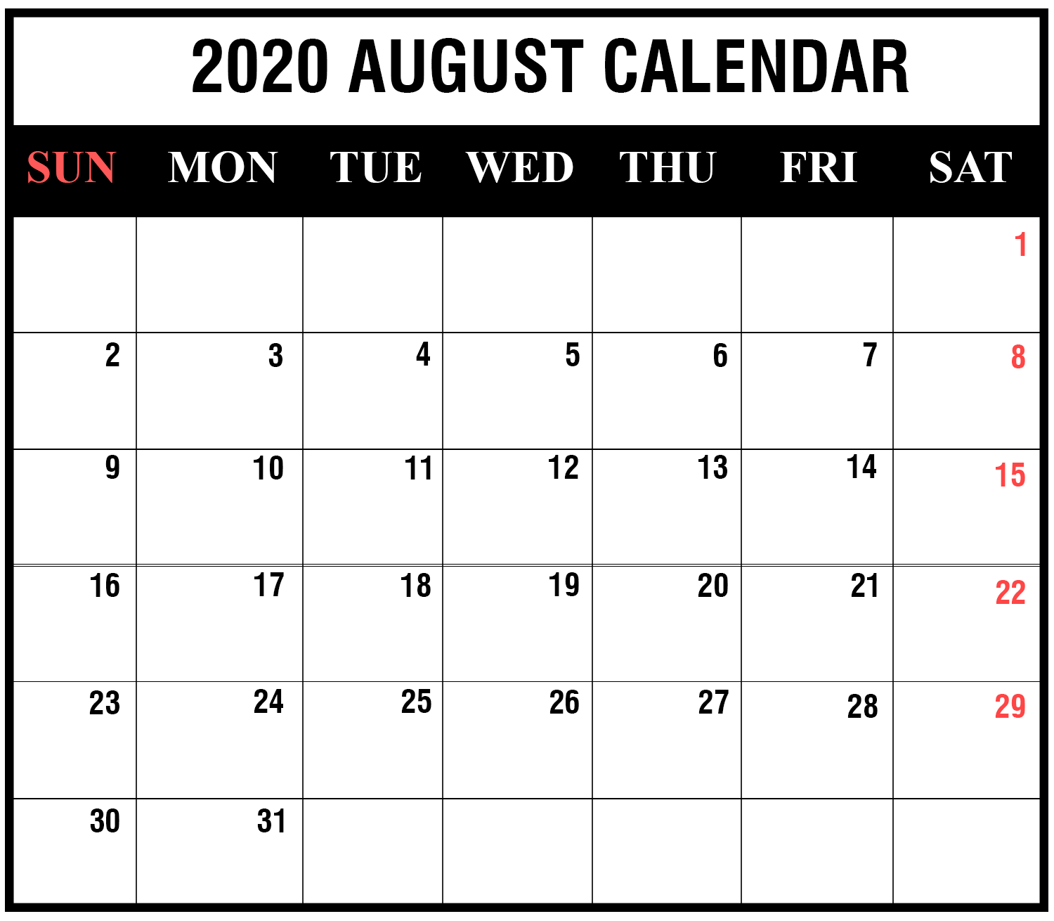 August 2020 Calendar Printable PDF Word Excel Monthly Template 1500x1310