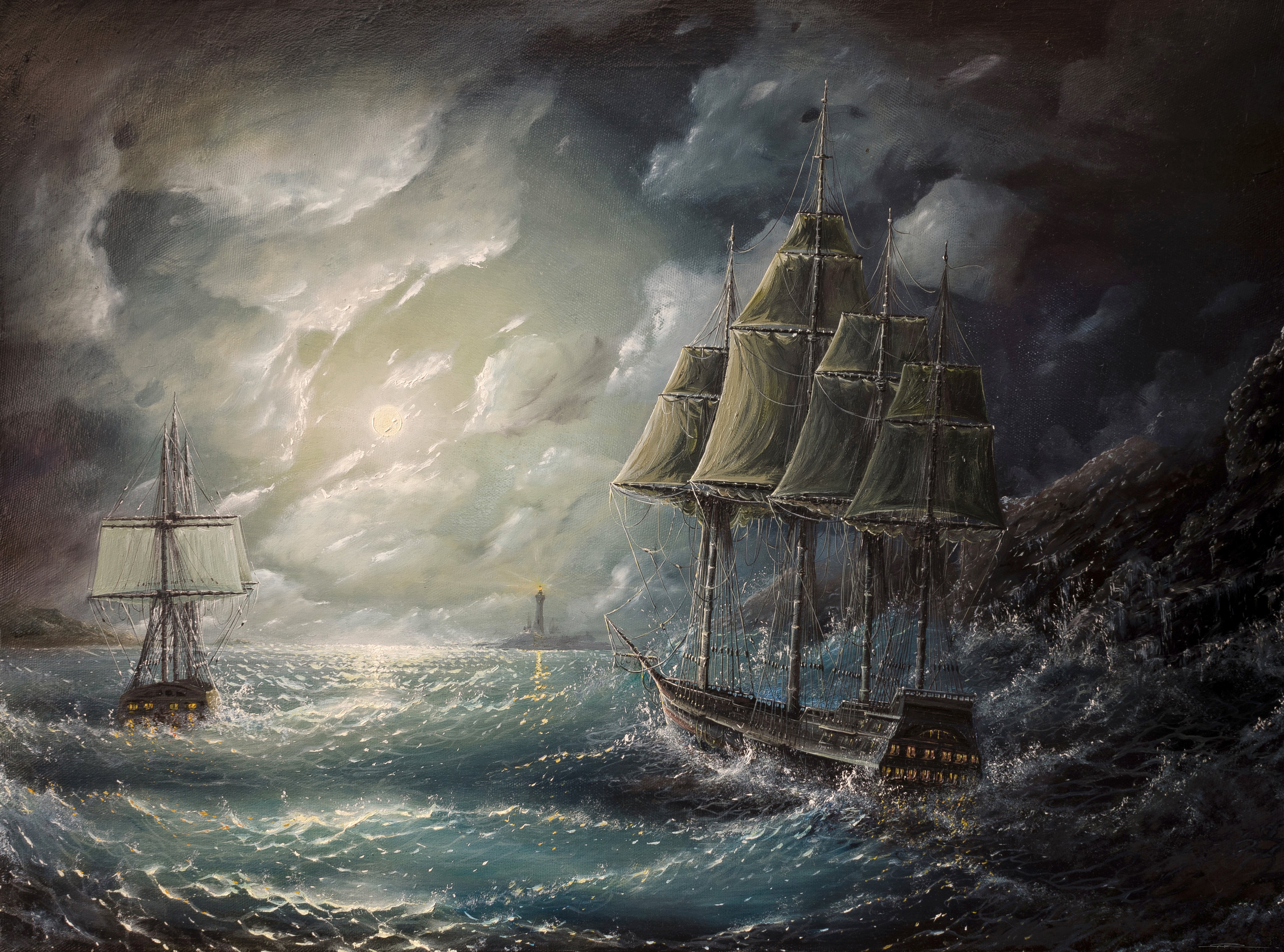 Ships Clouds Waves Storm Lighthouse Painting Sky Sail Ocean Wallpaper