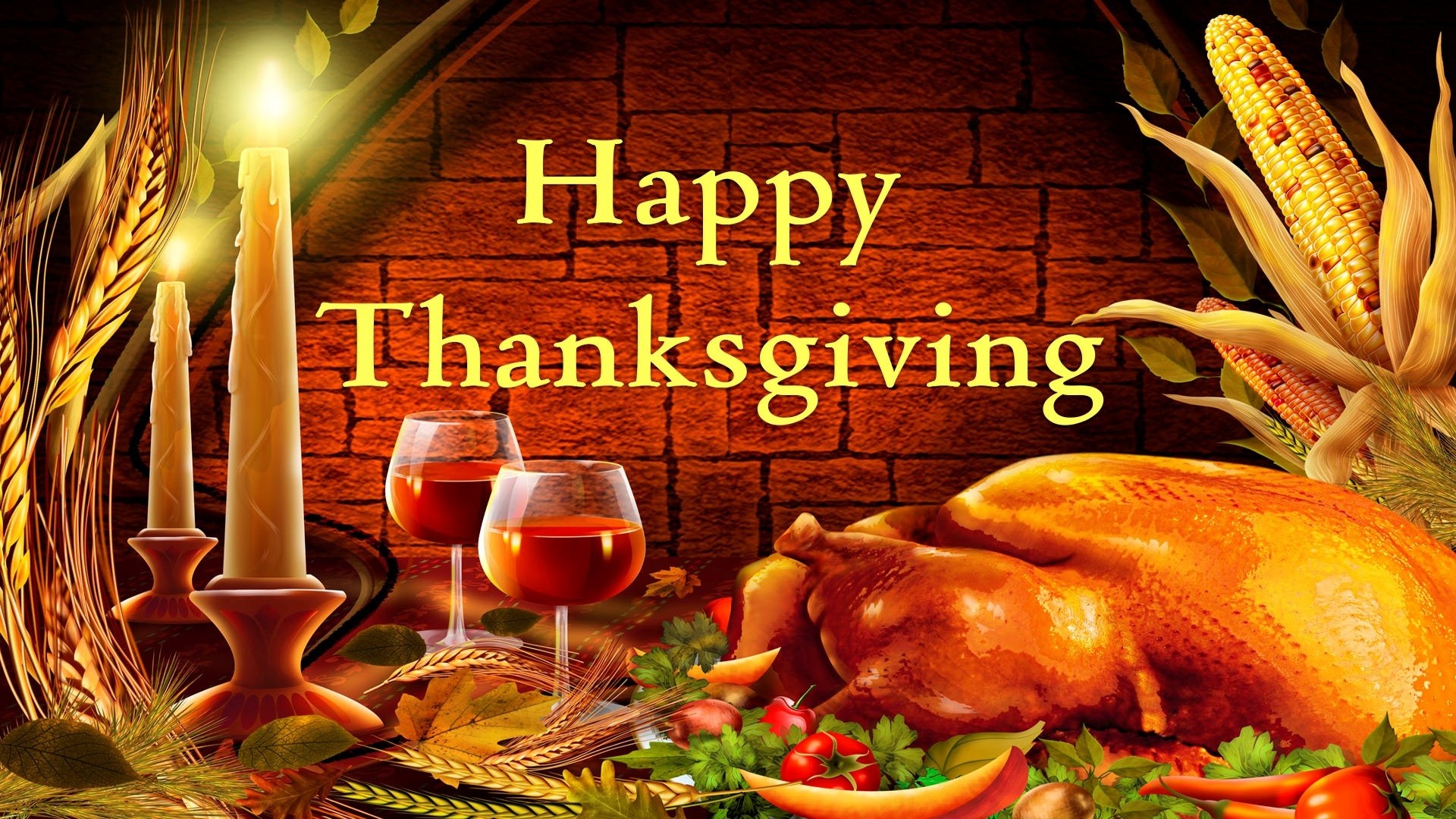 Happy Thanksgiving dinner with roasted turkey, wine, candles, and autumn harvest decorations