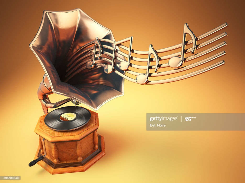 Vintage Gramophone With Gold Musical Notes Retro Background High