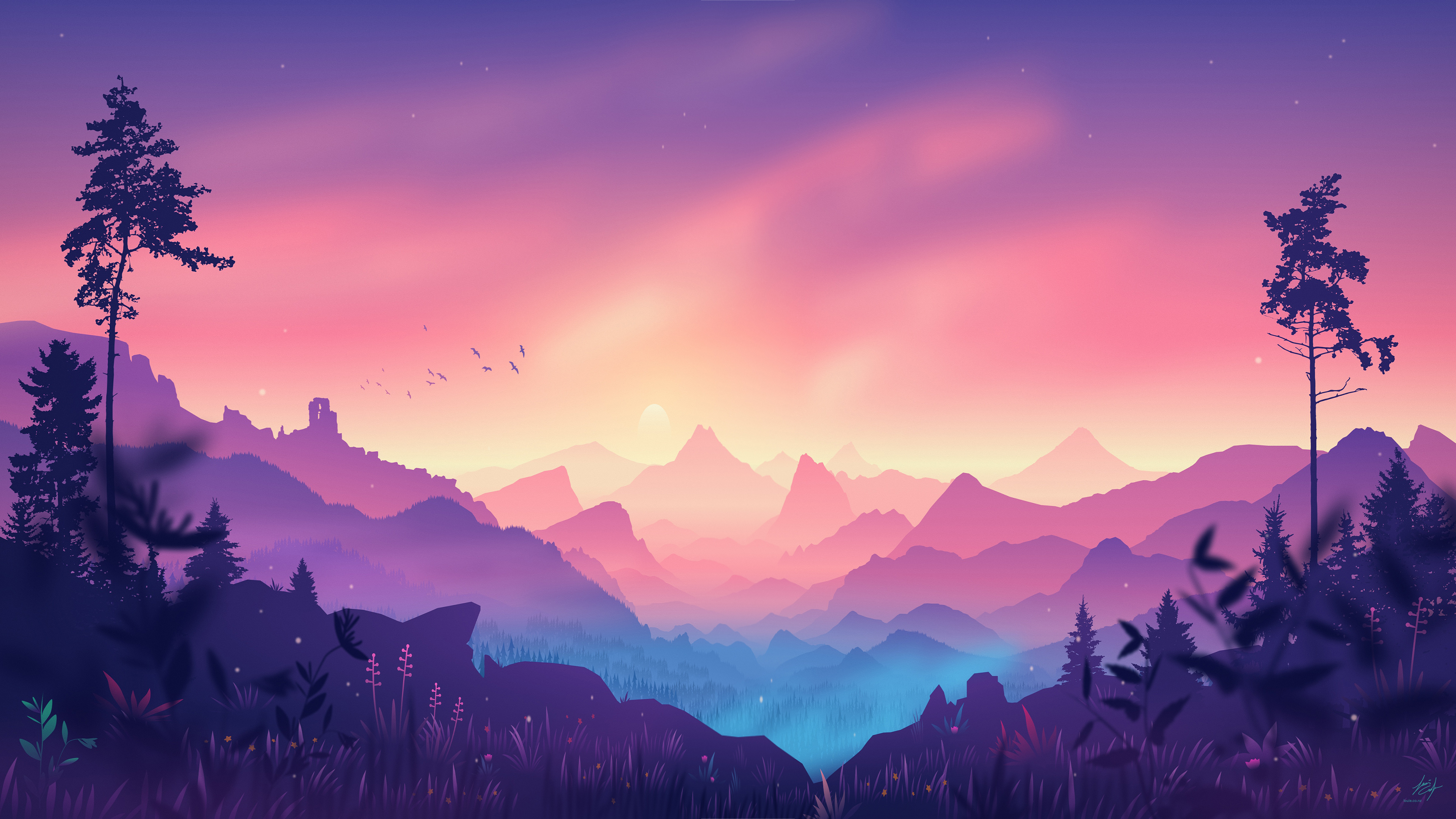 Minimalist 4k wallpaper featuring a serene mountain valley at sunset. The color palette transitions from vibrant pink and purple hues in the sky to cooler blues in the valley, creating a calming and picturesque scene