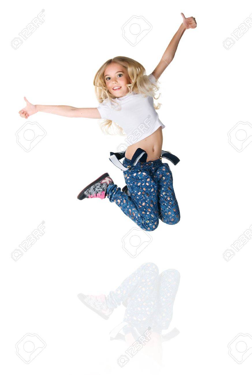 Cute Little Girl Jump Studio Shot White Background Stock Photo