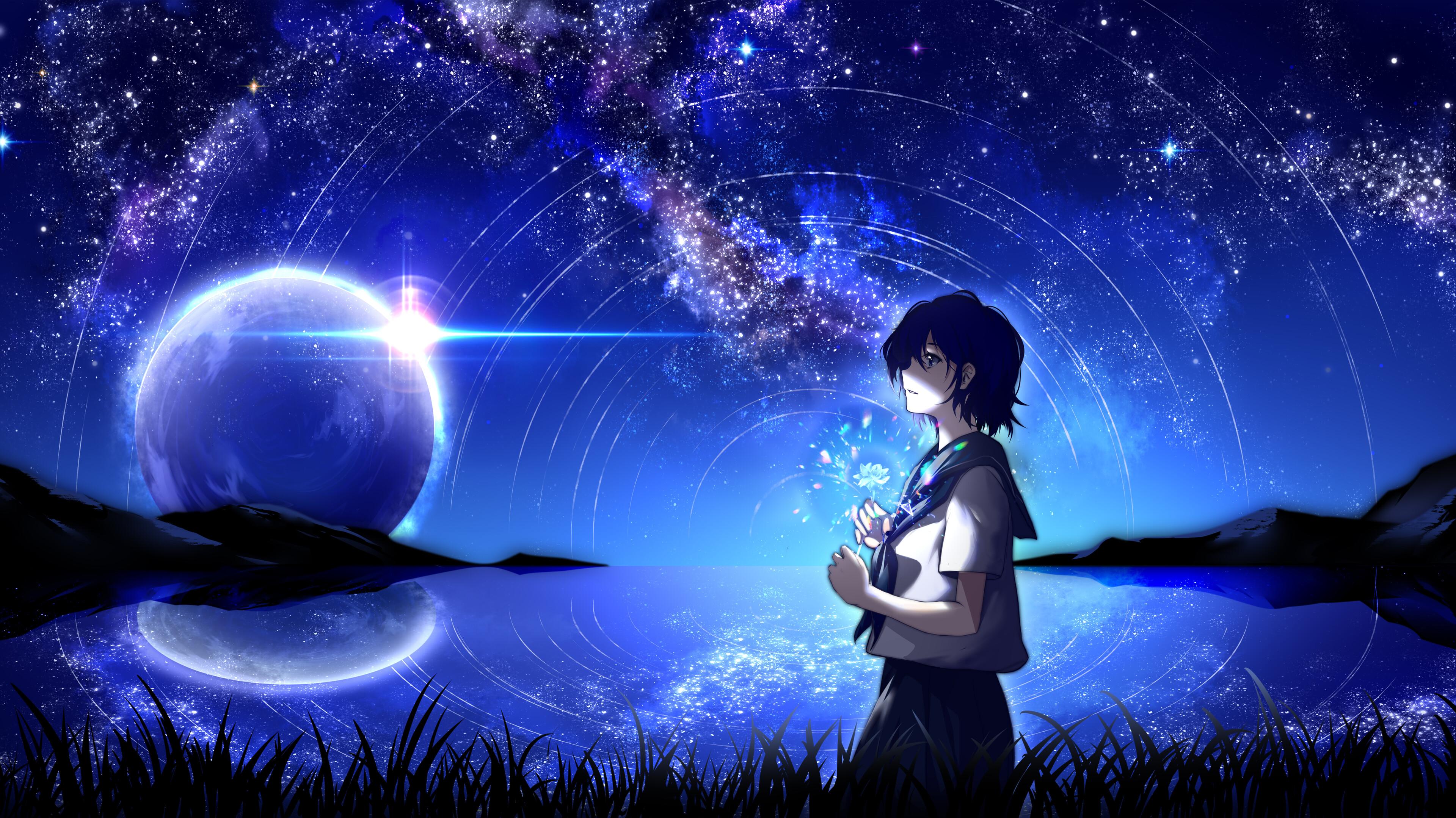 4K Anime School Girl Night Moon Lake Scenery Wallpaper 2800g