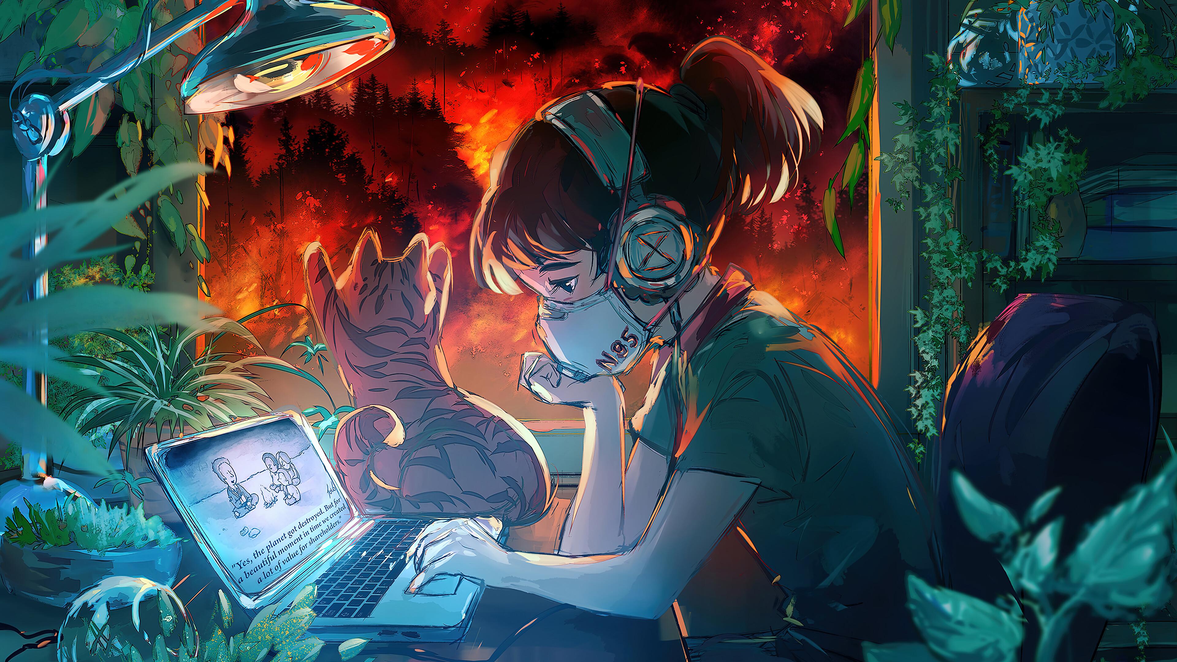 Anime Girl Laptop Mask Cat HD 4k Wallpaper