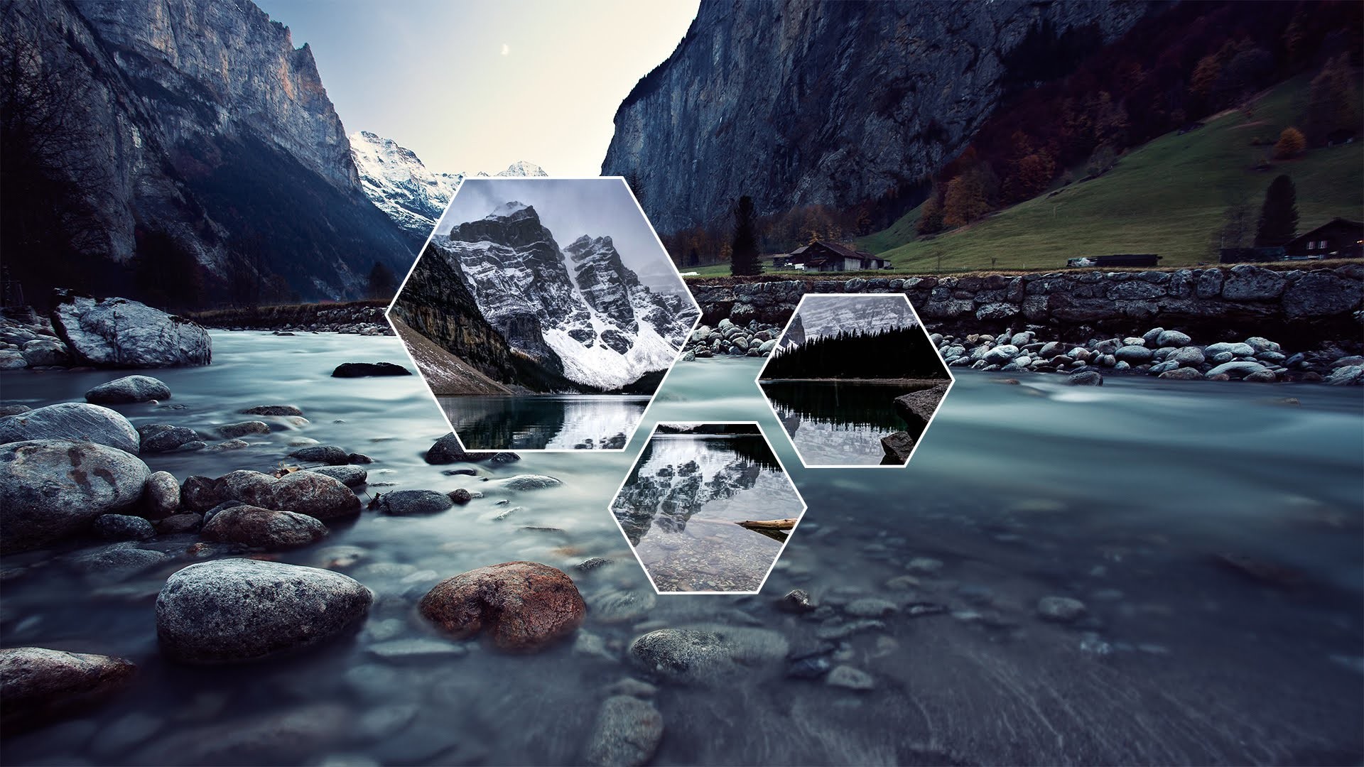 Cool desktop wallpaper of a river flowing through a valley with snow-capped mountains and hexagon overlays