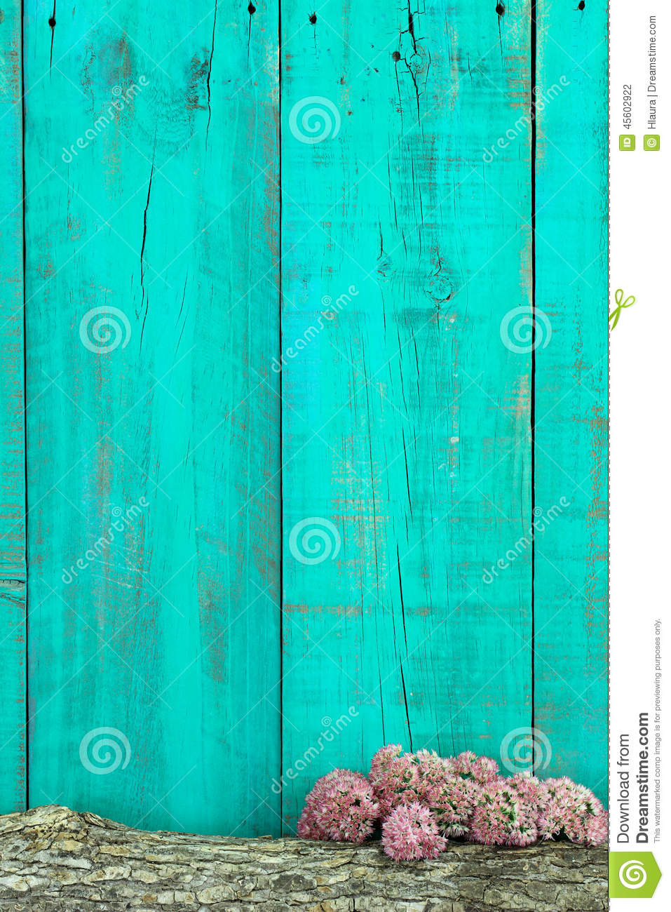 Background Log And Pink Flowers Border Antique Teal Blue Wooden Fence