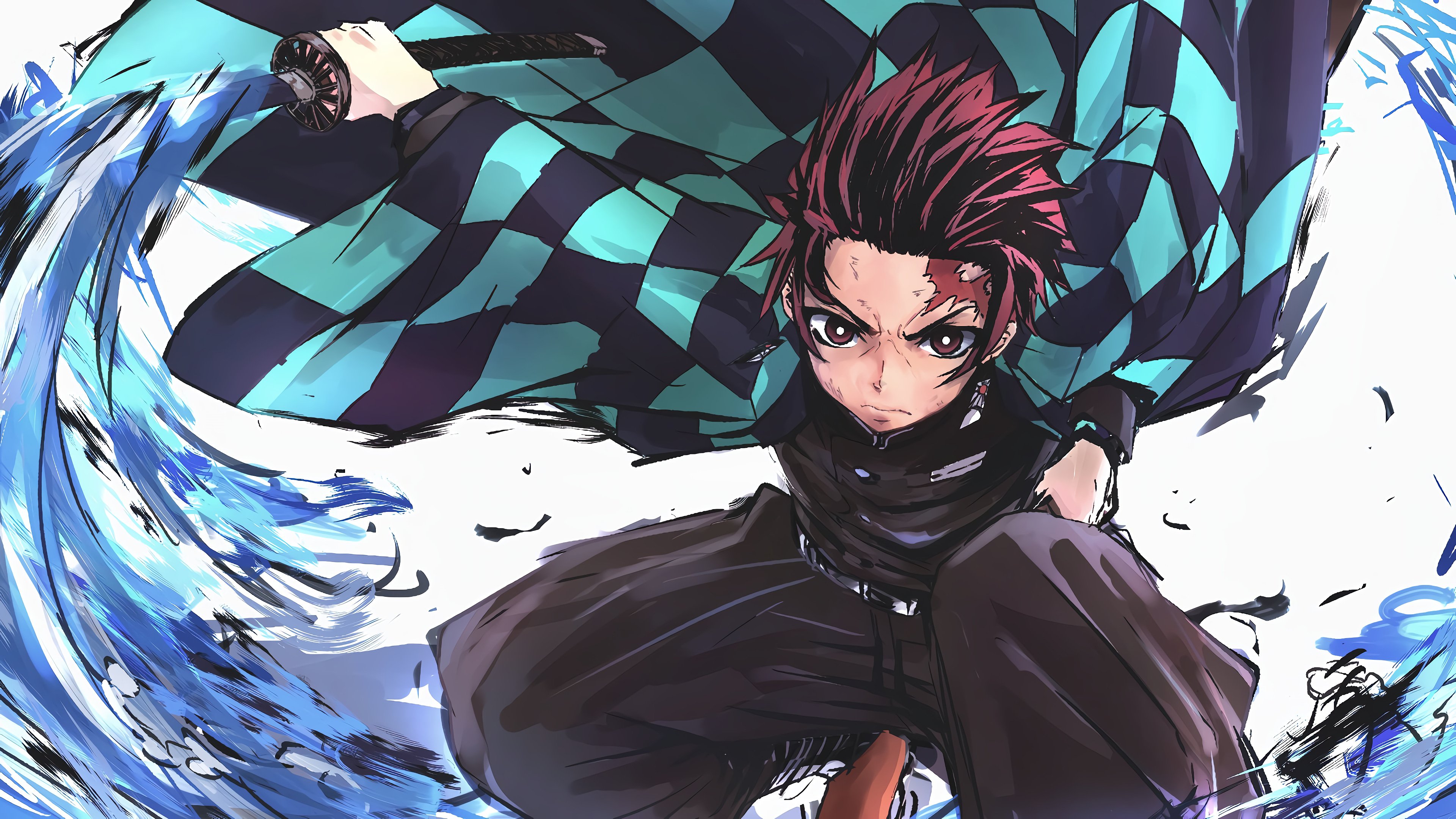 An anime character with burgundy hair and a teal and black checkered haori prepares to strike with his katana, surrounded by a swirling blue aura
