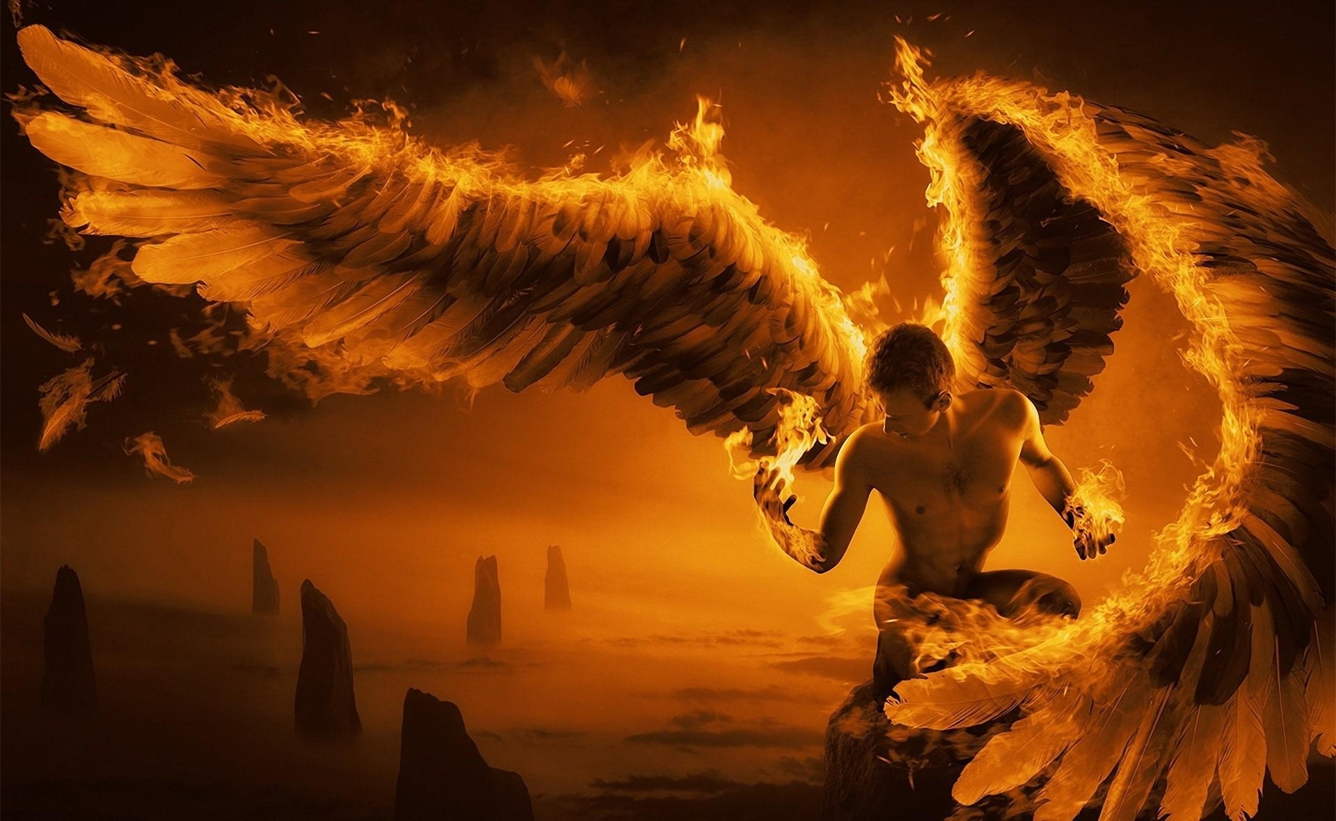 Fantasy Dark Angel Fire Flames Fallen Hell Demon Satan Occult