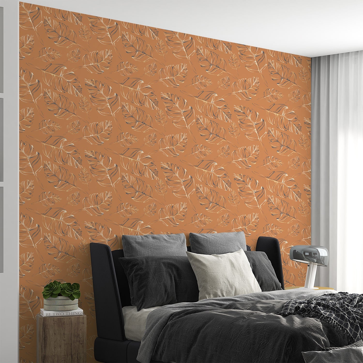Infuse Exotic Ambience With Orange Tropical Leaves Boho Wallpaper