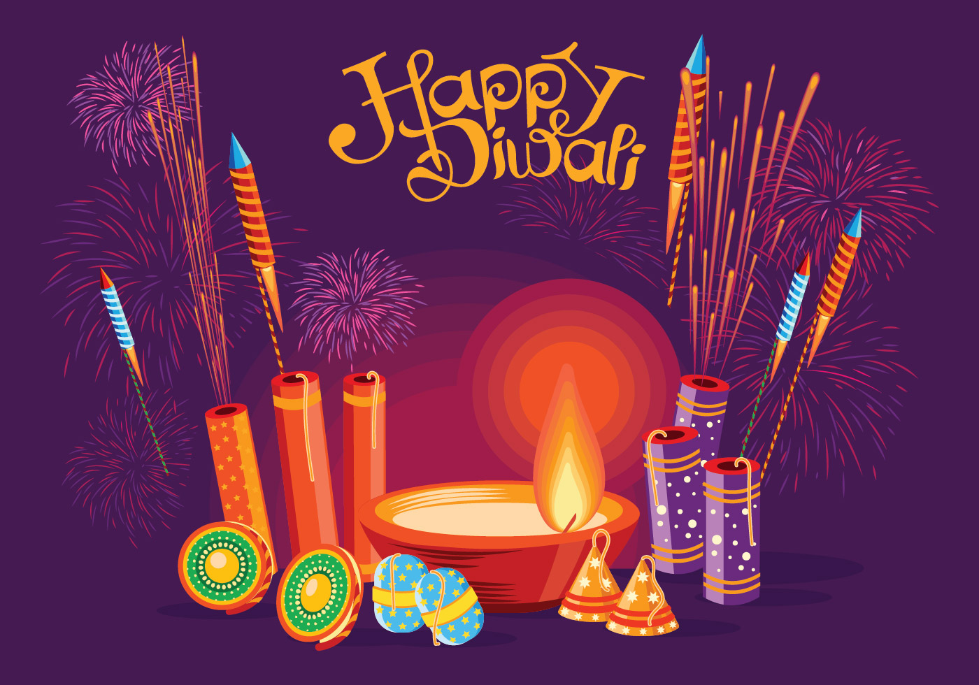 Burning Diya And Fire Cracker On Happy Diwali Holiday Background
