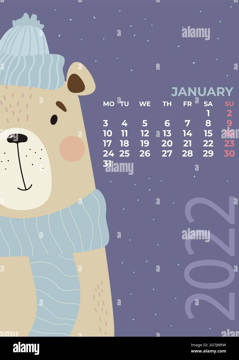 January Calendar Cute Winter Bear In A Hat And Scarf On