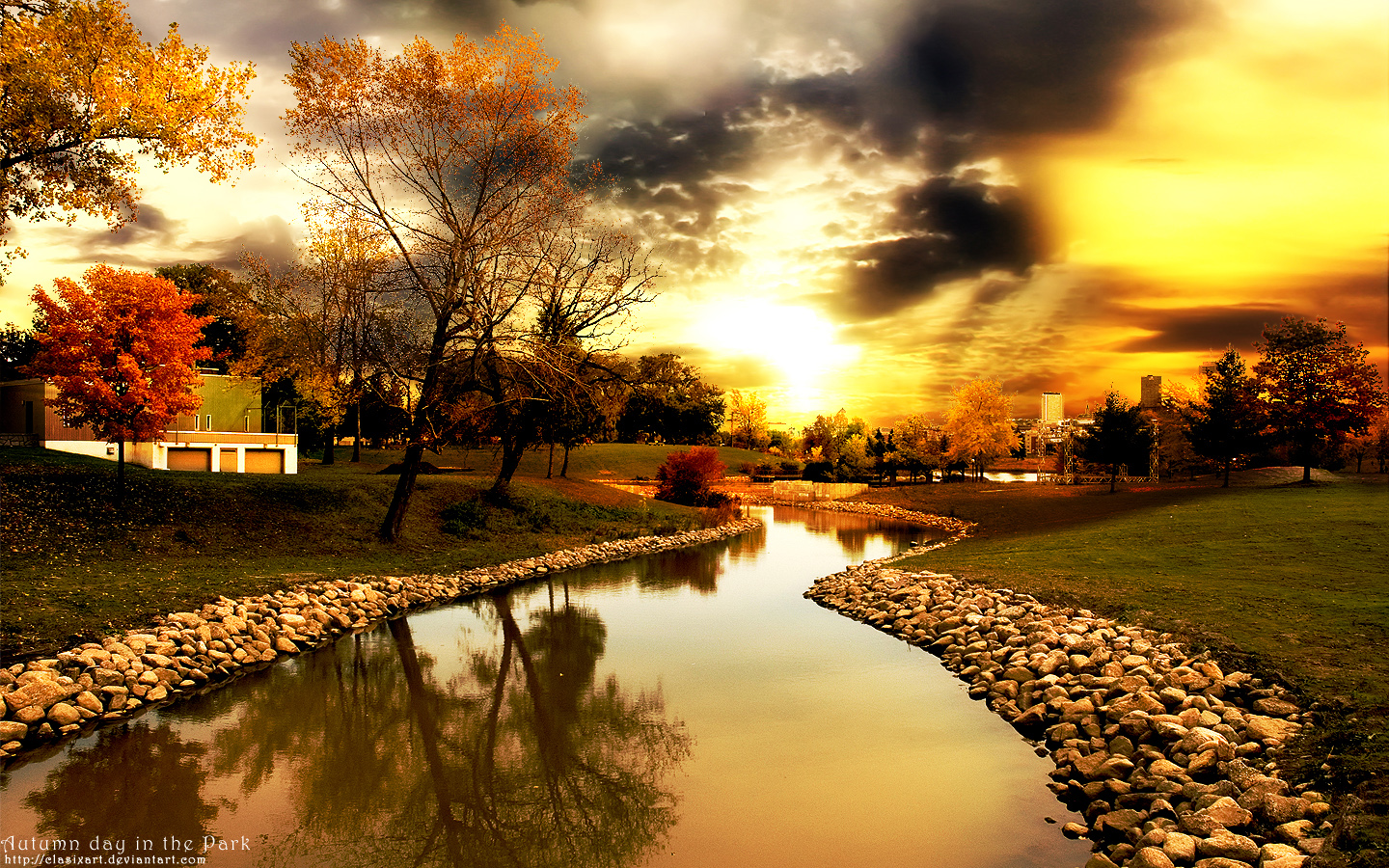 Hq Autumn River Sunset Wallpaper