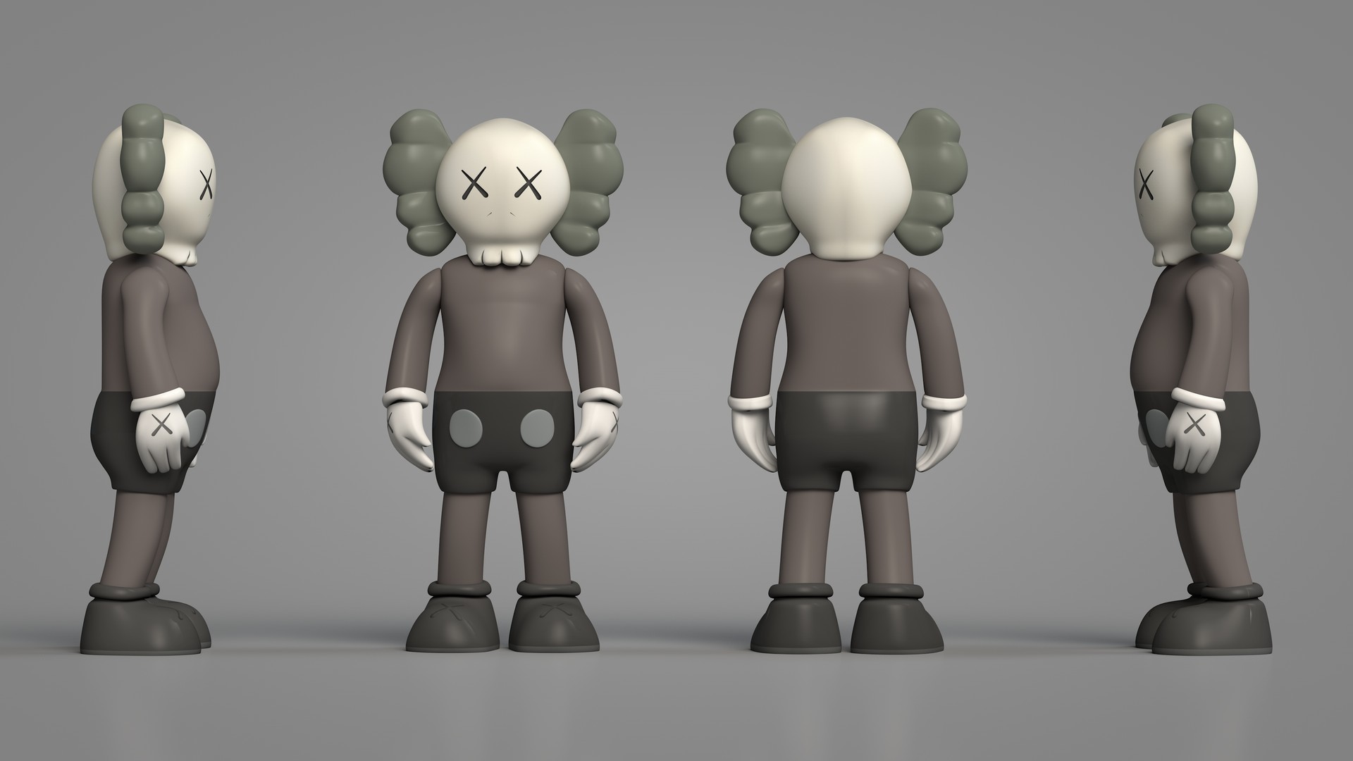 Four views of a Kaws Companion figure, showcasing its front, back, and side profiles against a neutral gray backdrop