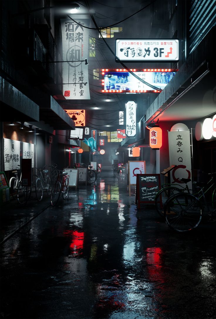 city 3D Japan kanji text bicycle road wet vertical